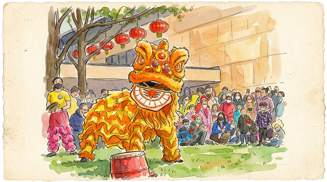 Watercolor illustration of a vibrant orange and yellow Chinese lion dance performance on the lawn at Asia Society Texas, with red paper lanterns hanging from a tree and a small crowd watching.