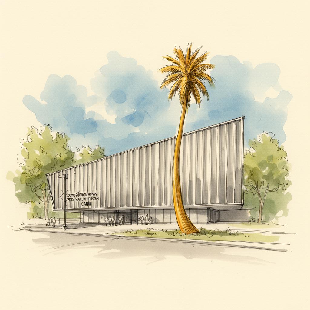 Illustration of the Contemporary Arts Museum Houston's stainless-steel parallelogram facade with a tall golden palm sculpture in front.