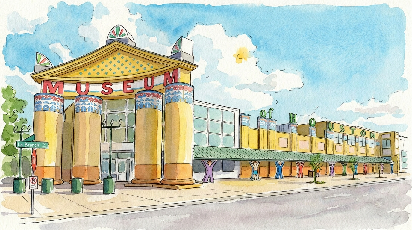 Watercolor illustration of Children's Museum Houston at dusk: a whimsical golden pediment with red 'MUSEUM' letters, colorful patterned columns, and cutout silhouettes of children along the green awning.