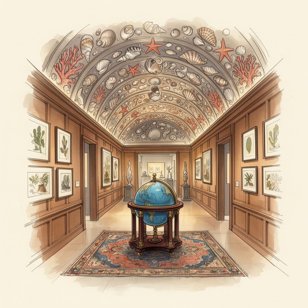Watercolor illustration of HMNS's Cabinet of Curiosities corridor: a wood-paneled hallway with a shell-encrusted vaulted ceiling and an antique blue terrestrial globe at its center.