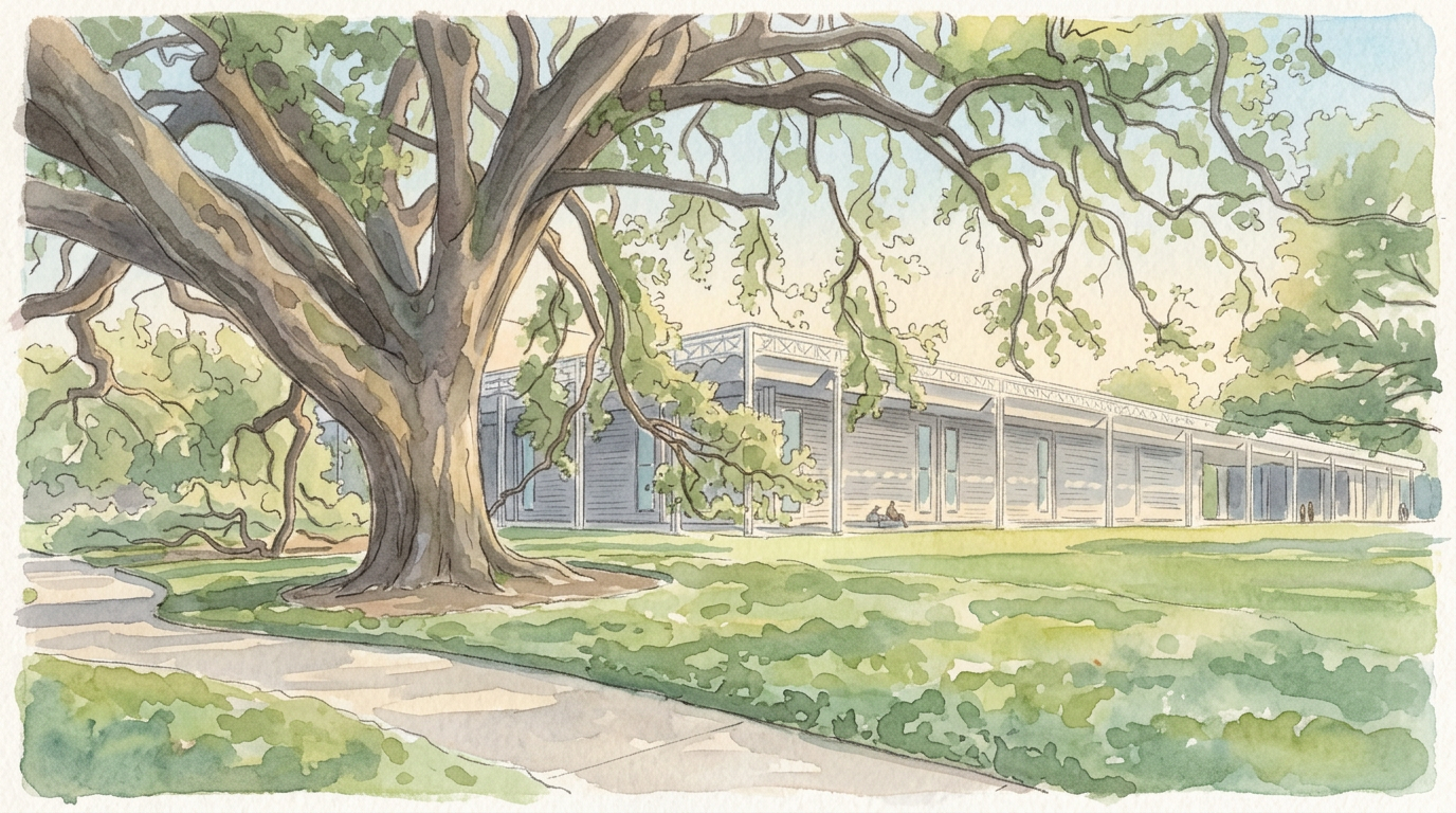 Watercolor illustration of The Menil Collection: a sprawling live oak with arching branches in the foreground and the long low white-trellised museum building beyond, set on lush green lawn.