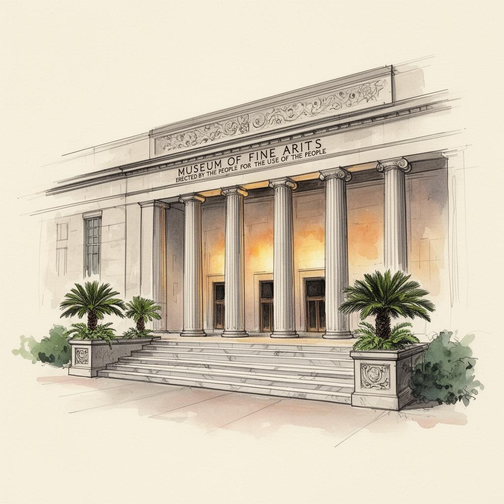 Watercolor illustration of the Museum of Fine Arts, Houston's neoclassical limestone facade with tall Ionic columns and sago palms flanking the entry steps.