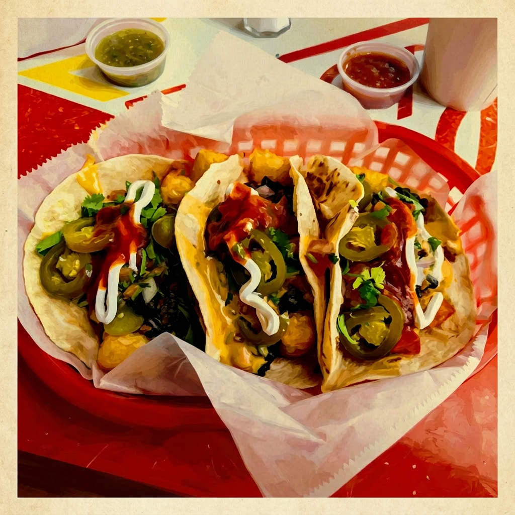 Artistic rendering of three street tacos in a red basket from Tacos A Go Go